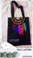 Natural fabric stylish black tote bag with hand paintings for everyday travel, dream catcher design. 