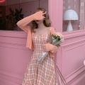 New Spring and Summer Sweet Pink Plaid Strap Dress for Women Summer Fresh Student Dress Korean Style Girl. 