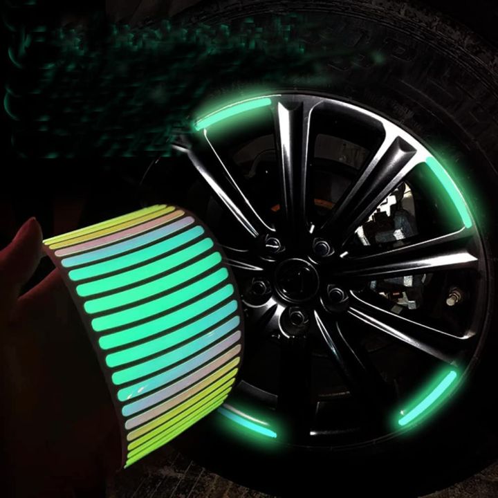 AutoBizarre 20pcs Holographic Luminous Anti-Collision Glow in The Dark Wheel Rim Stickers Night Reflective Tape Warning Sticker for Decoration Universal for All Cars Bikes Motorcycles Bicycle Trucks NUZ