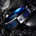 New Fashion 8mm Men Stainless Steel Celtic Dragon Ring Inlay Blue Zircon Stone Ring Blue Carbon Fibre Ring For Men Wedding Band. 