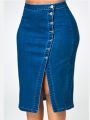 Summer Denim Skirt Women's Half Length Skirt New Split Retro Split Fashion Button Long Retro Old Hip Pocket Rock Cowboy. 