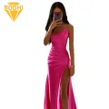 Women Pleated Satin Gown Elegant V Neck Satin Evening Dress with High Split Perfect for Prom Parties Lightweight Fabric Gown. 