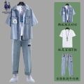 Men's Summer Short Sleeve Denim Shirt Thin Half-Sleeved Jeans Suit with Handsome Casual Suit Shirt. 