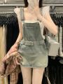 High Street Hot Girl Slimming Youthful-Looking Denim Suspender Skirt Women's Summer New a Character Personality Design Draping Hip Skirt. 