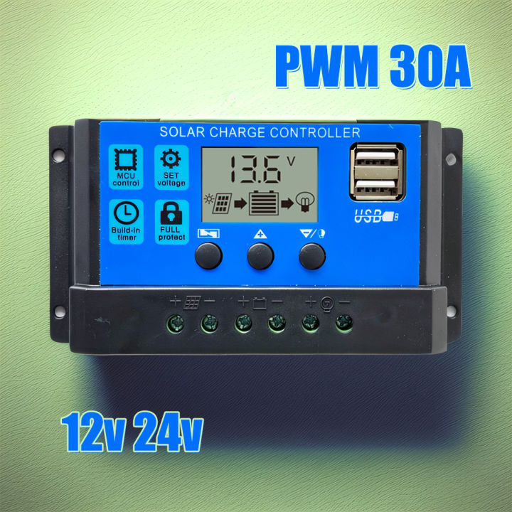 PWM Solar Charge Controller 12V/24V PWM 10A 30A with Adjustable LCD Display Timer Setting