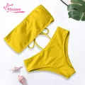 Muses Mall Bathing Suit Solid Color Bandeau Swimming Trunks Split Bikini Set. 