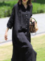 Foreign Trade Export New Linen Dress Black Full Cardigan Shirt plus Size Skirt Three-Quarter Sleeve Cotton and Linen Mid-Length. 