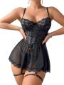 Yfashion 2 Piece Women Lingerie Lace Babydoll Lingerie Sets With Garter Belts V Neck Chemise Nightdress With Thong. 