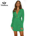 Yfashion Women Long Sleeves Dress Elegant Flare Sleeves High Waist A-line Skirt Simple Solid Color Slim Fit Lace-up Dress. 