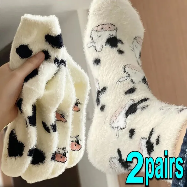 1/2pairs Milk Cow Socks for Women Kawaii Thicken Cashmere Middle Tube Sock Sweet Girls Soft Warm Korean Outwear Floor Wear Socks