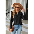 Yfashion Women Long Sleeves Tops Solid Color Design Button Shirt Blouse V-Neck Pullover Loose Jacquards T-Shirts Top. 