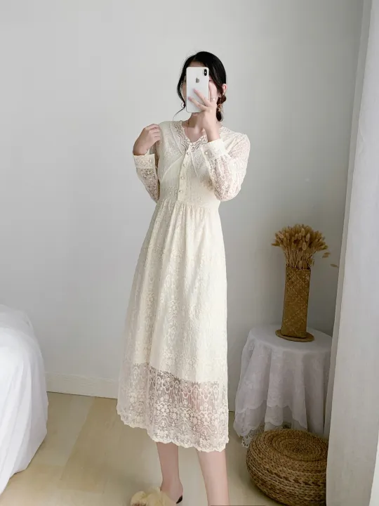Yfashion%20French%20Style%20Lace%20Dress%20For%20Women%20Cotton%20Elegant%20Long%20Sleeves%20V%20Neck%20A-line%20Skirt%20Solid%20Color%20Mid-length%20Dress%20-%20Image%2010