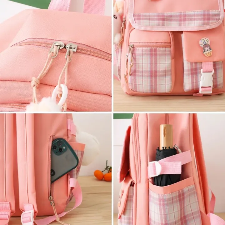 Children's%20School%20Backpack%204%20Pcs%20Sets%20school%20bags%20for%20girls%20Kids%20Plaid%20design%20Bookbag%20mochilas%20Backpack%20Kawaii%20Women's%20Backpack%20-%20Image%205