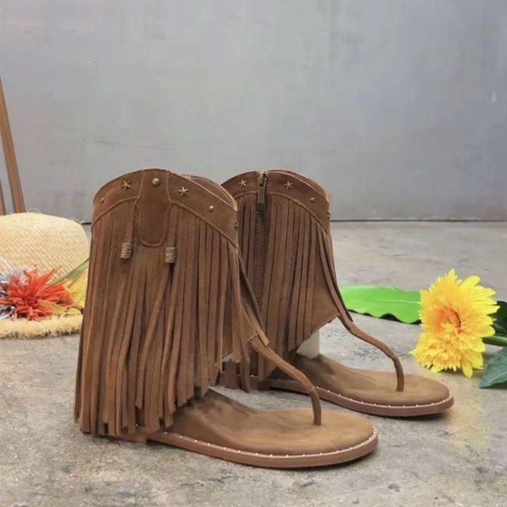 Daliya European and American Retro Style Western Denim Tassel Boots 2024 New Spring and Summer Leisure Fashion Knight Boots