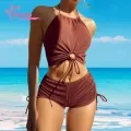 Muses Mall Summer Bikini Outfit Hollow Out Halter Bikini Set with High Waist Drawstring Trunks Women's Beachwear Set for Summer Fun 2pcs/set. 