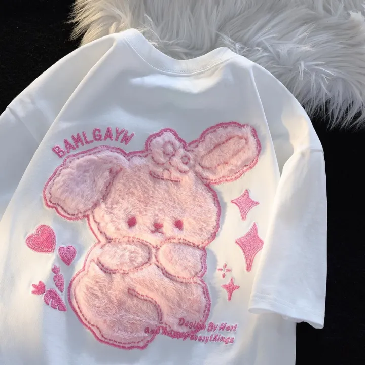 Cute%20Plush%20Rabbit%20Short%20Sleeve%20T%20Women's%20T-shirt%20ins%20Trendy%20Summer%20Design%20Sense%20Niche%20Loose%20Girlfriends%20Clothes%20Summer%20Pure%20Cotton%20Top%20-%20Image%205