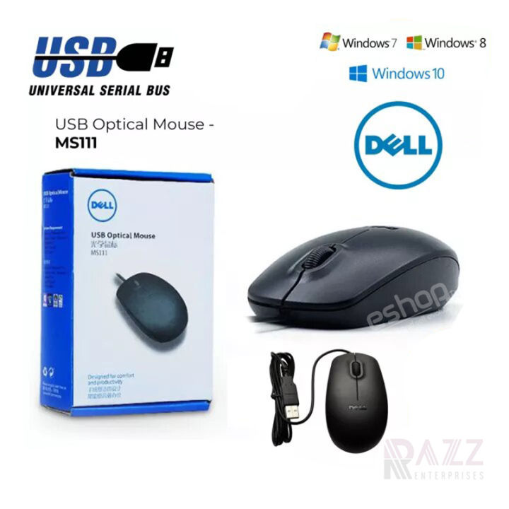 Computer Mouse Dell MS111 Wired Mouse USB Optical Mouse For PC, Apple, Mac, Android- Black Color Dell Mouse MS111 Wired / Cable USB Optical Mouse