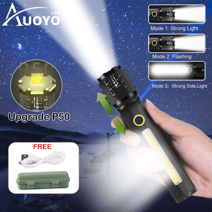 Auoyo Flashlight Telescopic Focusing Flashlight Strong Bright COB Flashlight  Zoom-able Flashlight Heat Dissipation Penlight Waterproof Flashlight Drop-proof Flashlight Torchlight Portable Lamp Aluminum Flashlight with Side Light for Outdoor