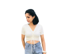 White Dot V Neck Short Sleeve Front Gather Top. 