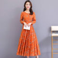 bellylady Women Cotton Sweet Floral Printing Dress Long Sleeves Large Size A-line Skirt Fashion Loose High Waist Dress. 