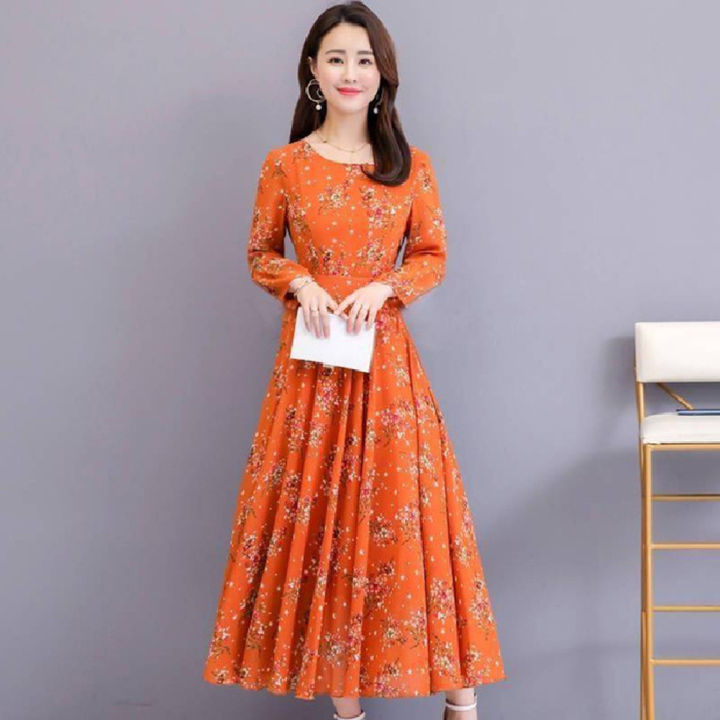 bellylady Women Cotton Sweet Floral Printing Dress Long Sleeves Large Size A-line Skirt Fashion Loose High Waist Dress