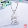 ZDADAN 925 Sterling Silver Zircon Dolphin Necklace For Women Box Chain Sweet Jewelry Gift. 