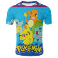 New style fashion short-sleeved anime Pokemon Pikachu floral print T-shirt summer round neck casual loose kids size shirt 3-14t. 