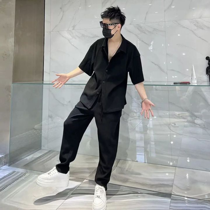 Men's Full Set One Entire Outfit ins Hong Kong Style Loose Short Sleeve Shirt Casual Trousers Summer Two-Piece Suit Tide