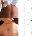 Rhinestone Dangle Belly Button Ring with Waist Chain Drop Pendant -Navel Piercing Button Body Piercing Bikini Jewelry. 