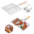 BBQ Gril - Stainless Steel Grill Pan with Wooden Handle Barbecue Roti Roast Grill Papad Roaster Chapati Toast and Paneer Tandoori Grill Stand. 