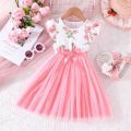 Dress For Kids 4-7 Years old Birthday Korean Style Fashion Ruffled Sleeve Pink Floral Tulle Cute Princess Formal Dresses Ootd For Baby Girl. 