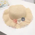 Kids Girls Large Wide Flower Straw Woven Sun Protection Beach Hat Colorful Sunscreen Ball Summer Floppy Bucket Cap Portable Handbag. 