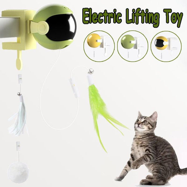 Automatic Cat Teaser Toy Funny Lifting Plush Ball Toy Interactive Electric Cat Toy Rope with Feather Random Swing Cats Sticks (No Battery)