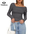 Yfashion Women's Casual Tops One Off Shoulder Long Sleeve Top Ruched Slim Fit Shirt Crop Top Fashion Trendy Tee Shirt. 