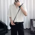 Shijitu Ice Silk Short Sleeve Shirt Men's Summer High-Grade Black ins Trendy Half Sleeve Loose Casual Simple Set. 