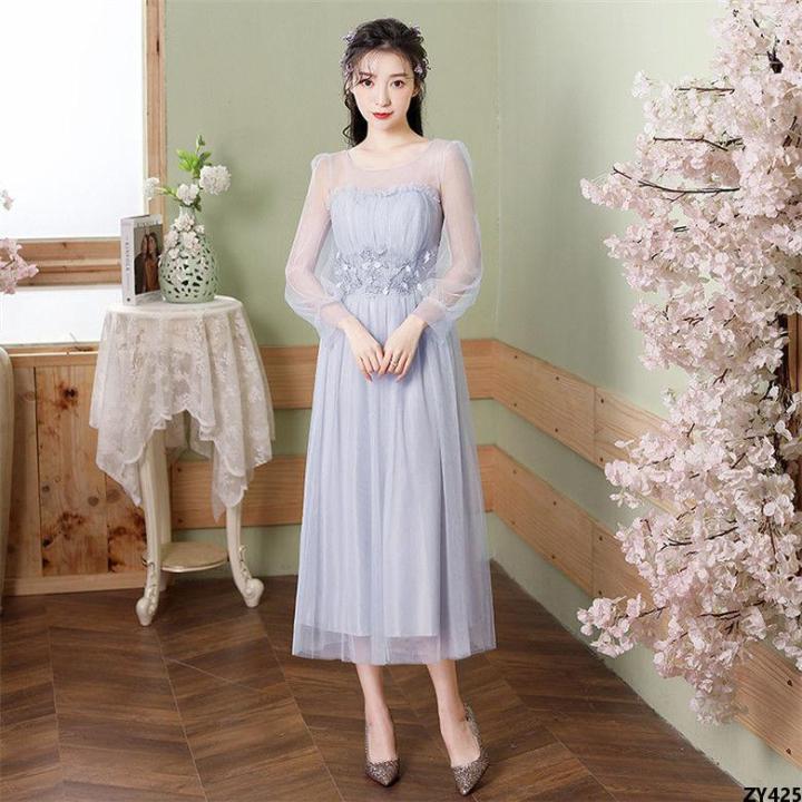 Graduation%20Gray%20New%20Section%20Bridesmaid%20Slim%20Fit%202023%20Dress%20Mid-Length%20Elegant%20Sisters%20Summer%20Tuoxian%20Korean%20Style%20Clothes%20Wedding%20-%20Image%203