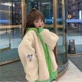 Plush Korean Version Female Lamb All-Match Fall Winter Hooded Thick Fake Two-Pieces Coats Loose 2024 Stitching New Cotton-Padded Jacket. 