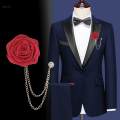 Bridegroom Wedding Corsage, Lapel Pin, Handmade Rose Flower Brooch, Fashion Groom Boutonniere Badge Tassel Chain for Men's Suit Prom Ceremony. 