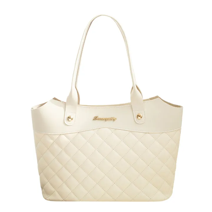 PU Leather Handbag for Women, Fashion Rhombic Jacquard Tote Shoulder Bag Simple Shopping Bag