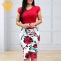 Women Printed Dress Floral Print Slim Fit Summer Dress for Women Knee Length Round Neck Short S ve Commute Dress Women Dress. 