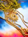 Gold Plated Guaranteed 01MM New Trend Stylish Box Chain 18 Inch Short Beautiful Design With New Sun Theme Fixed Stone Pendant. 