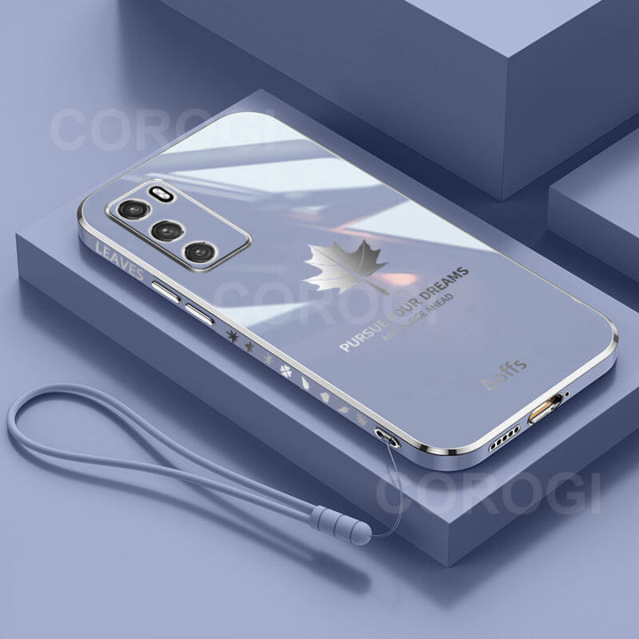 Maitus for OPPO A16 Back Cover + Lanyard Fashion 6D Plating Shiny Maple Leaf Pattern Square Cases Soft Silicone Mobile Phone Case Pouch