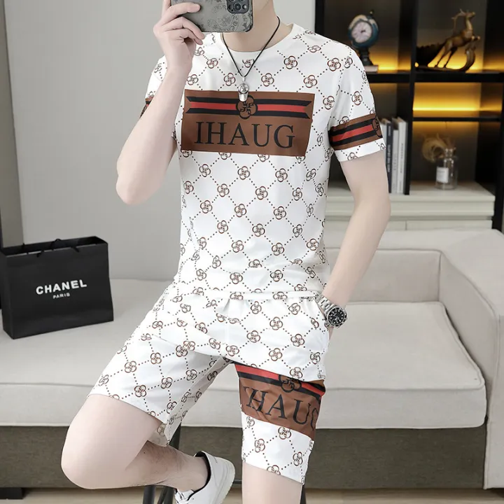 Popular%20Men's%20Suits%20Ice%20Silk%20Thin%20European%20Goods%20Jacquard%20Fashion%20Short%20SleeveTT-shirt%20Shorts%20Men's%20Home%20Wear%20-%20Image%203