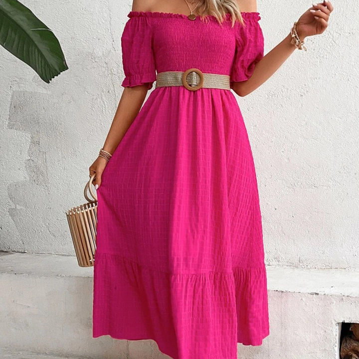 Yfashion%20Sexy%20Off%20Shoulder%20Dress%20For%20Women%20Summer%20Elegant%20Puff%20Short%20Sleeves%20Long%20Skirt%20Solid%20Color%20Ruffled%20Dress%20-%20Image%205