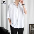 ACHS AWAKE Black Shirt Men's Short-Sleeved Summer Senior Pu Handsome Men's Casual Men's Clothing White Shirt Trendy Boys. 