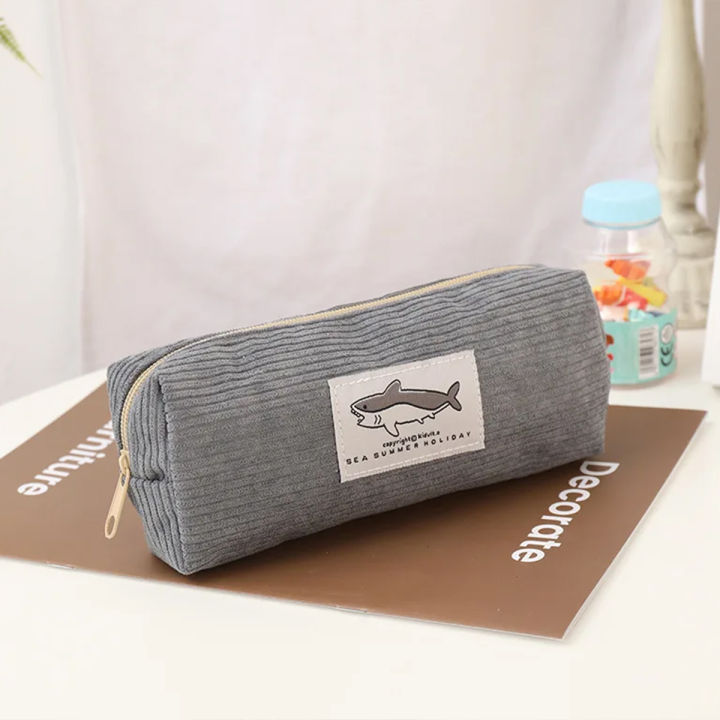 Cute Corduroy Pencil Case Little Shark Embroidery Pen Bag Pouch Gift