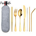 8pcs Outdoor Cutlery Set 304 Stainless Steel Spoon Fork Chopsticks Juice Straw With Bag Dinnerware Kitchen Accessories. 