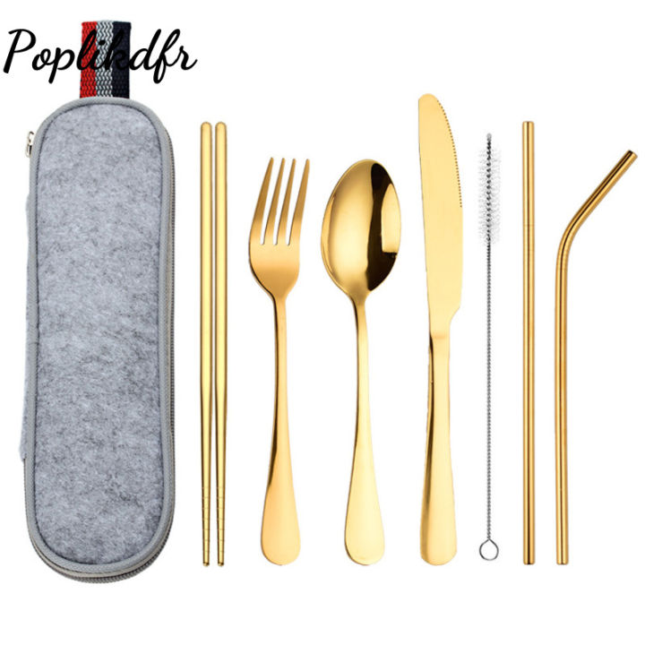 8pcs Outdoor Cutlery Set 304 Stainless Steel Spoon Fork Chopsticks Juice Straw With Bag Dinnerware Kitchen Accessories