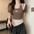 New Irregular T-shirt For Women's Summer Contrast Top Fashion Style Slim Fit Slimming Tee Trend. 