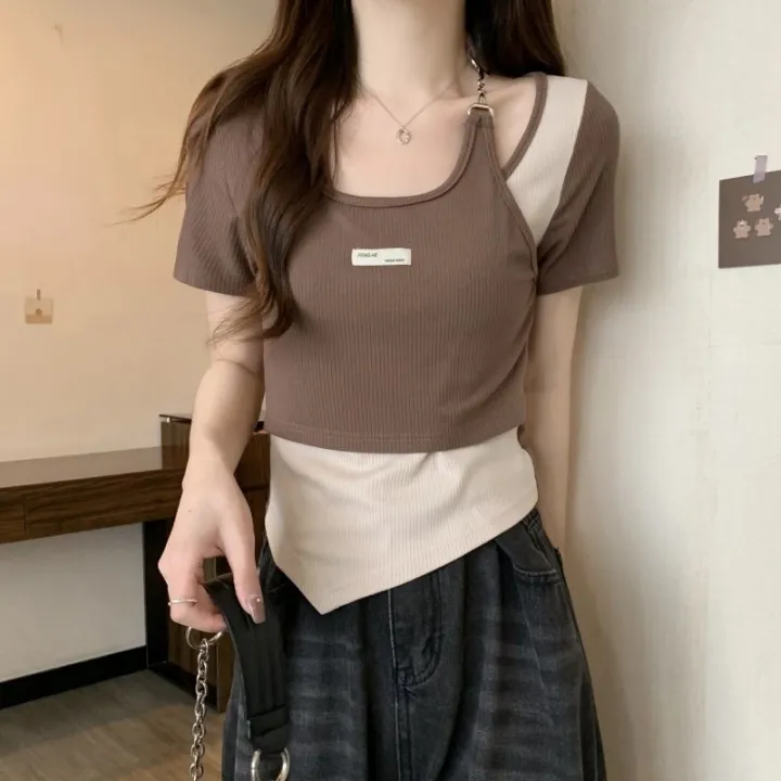 New%20Irregular%20T-shirt%20For%20Women's%20Summer%20Contrast%20Top%20Fashion%20Style%20Slim%20Fit%20Slimming%20Tee%20Trend%20-%20Image%202